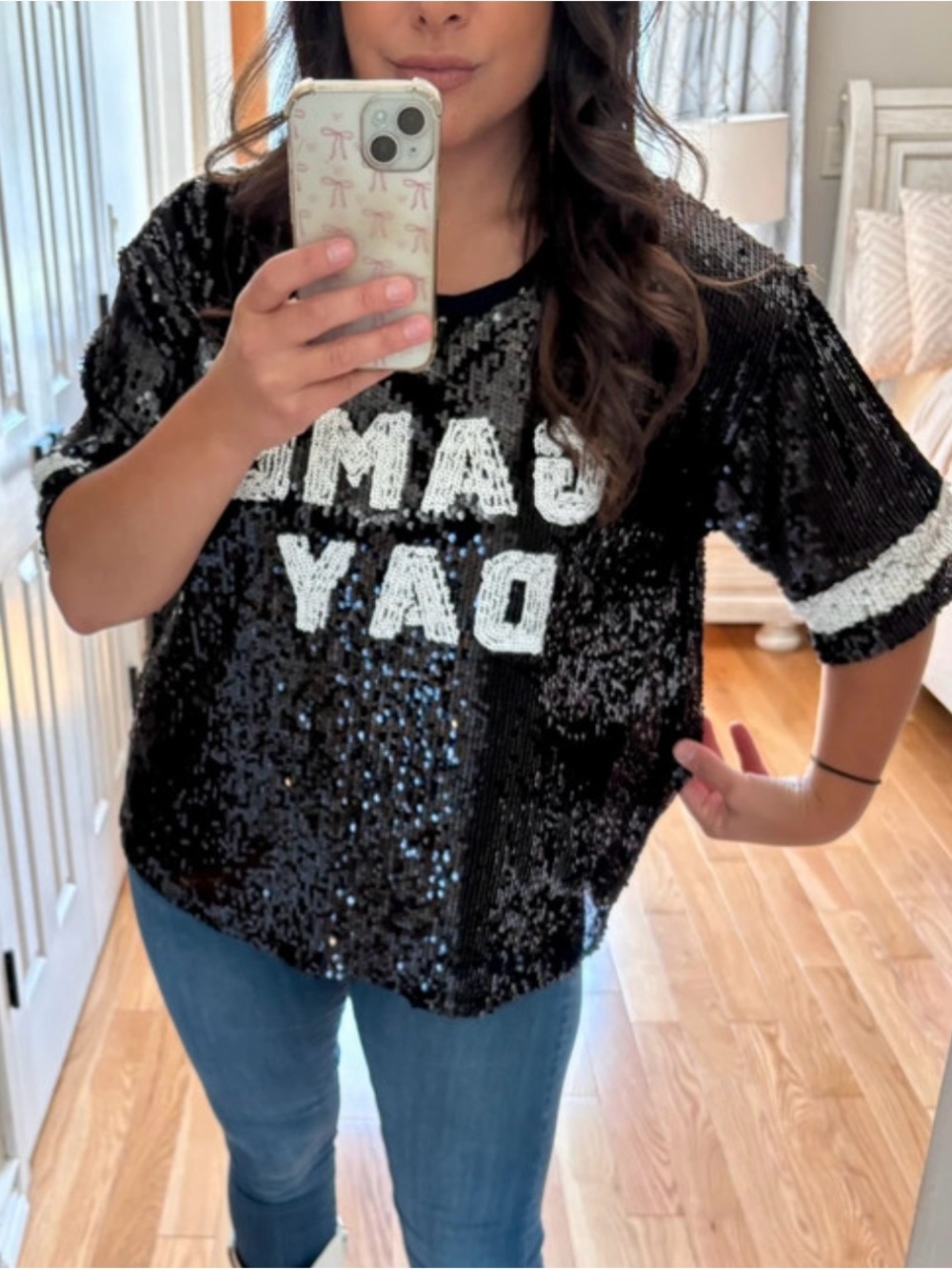Like New ~ Black Sequin 'GAMEDAY' Short Sleeve Top ~ Size Large